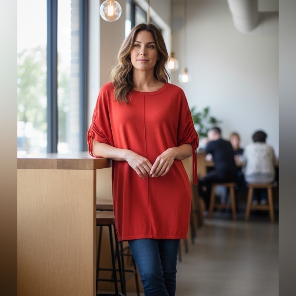 Oliver Bonas Red Ruched Sleeve Oversized Tunic Dress Size 8